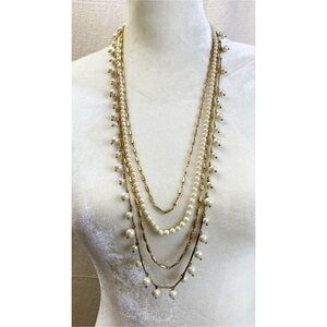 J crew multi strand faux pearl gold tone layered chain necklace